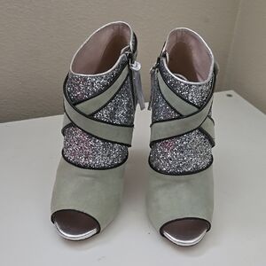 Miu Miu Green Silver Ankle Boots with Glitter Accents